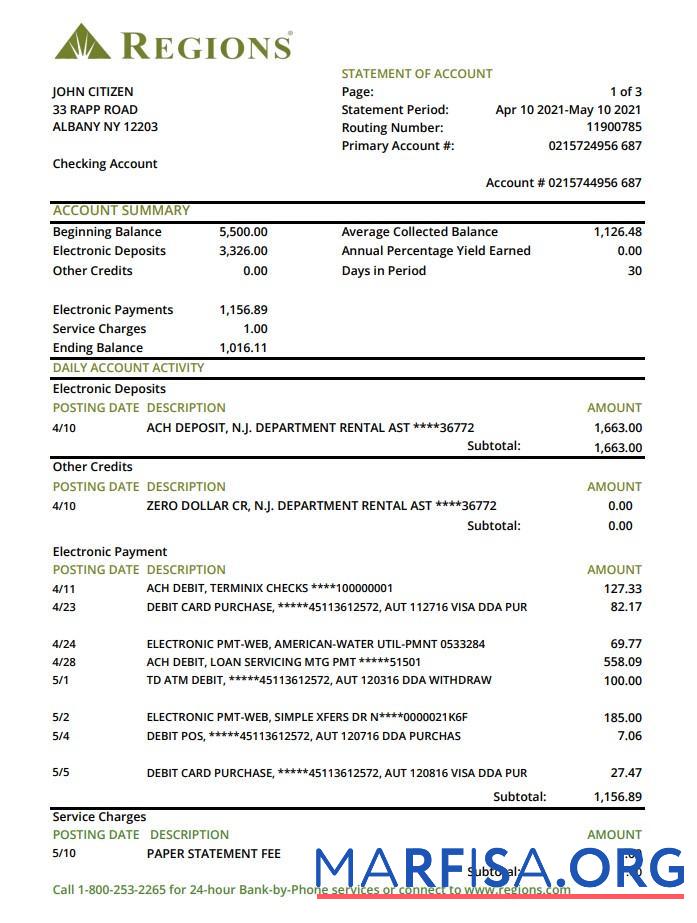 Downloadable USA Regions bank statement excel download for verification